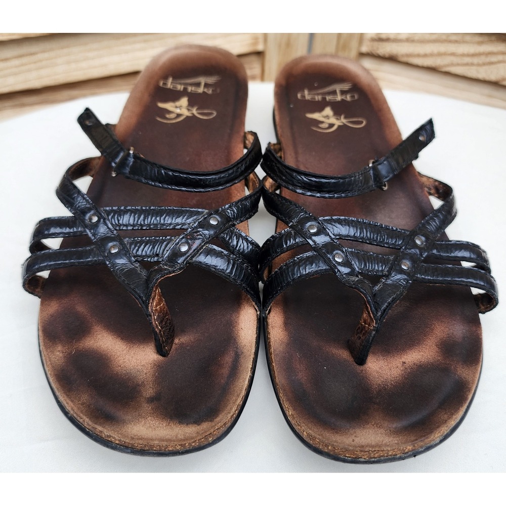 Dansko EU 38 US 7.5 8 Black Leather Strappy Thong Sandal Comfort Walking Boho